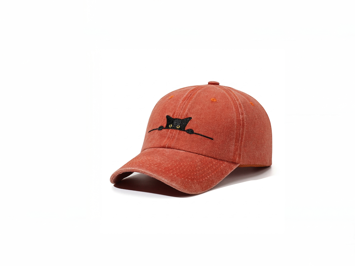 Peeking Cat Embroidered Washed Cotton Dad Hat