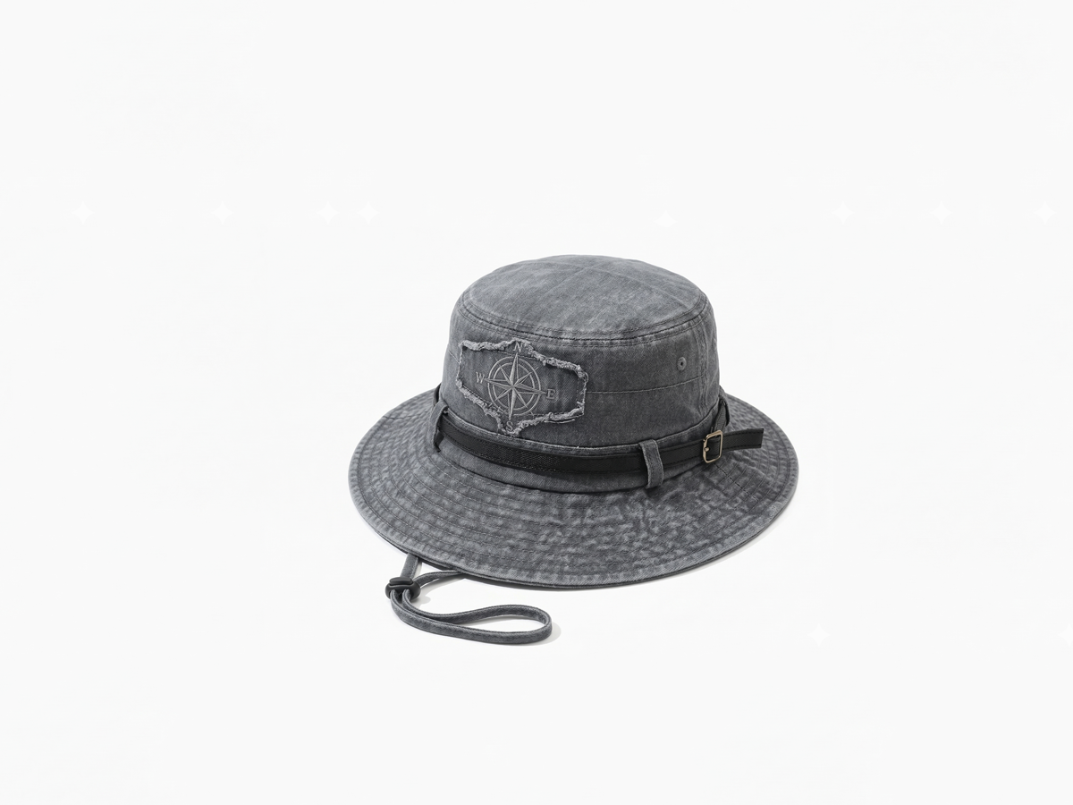 Vintage Washed Compass Embroidered Boonie Bucket Hat with Chin Strap