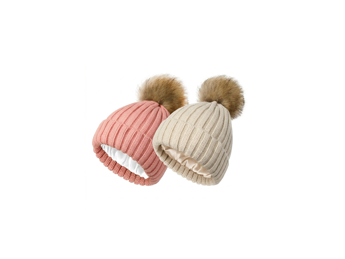 Faux Fur Pom Pom Ribbed Knit Fleece-Lined Winter Beanie